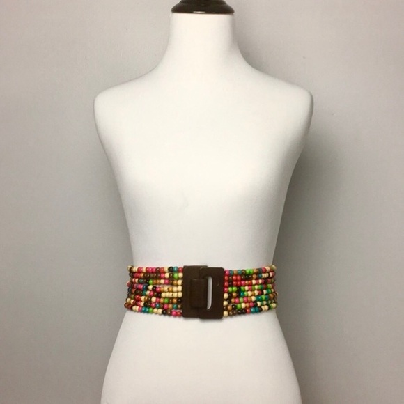 NWOT - Elastic Wood Bead Belt, Multicolor - Picture 2 of 7